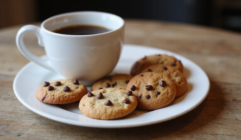 Biscotti assortiti su un piatto con una tazza di caffè, simboleggiando i cookie digitali e la navigazione.
