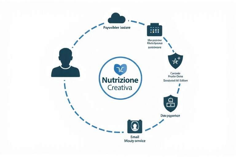 Diagramma che mostra il flusso di dati tra un utente, Nutrizione Creativa e fornitori di servizi terzi, con icone di sicurezza